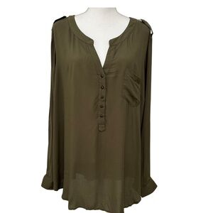 Torrid Long Sleeve Roll Tab V-neck Half Button
Blouse Olive Green Size 3 NWT